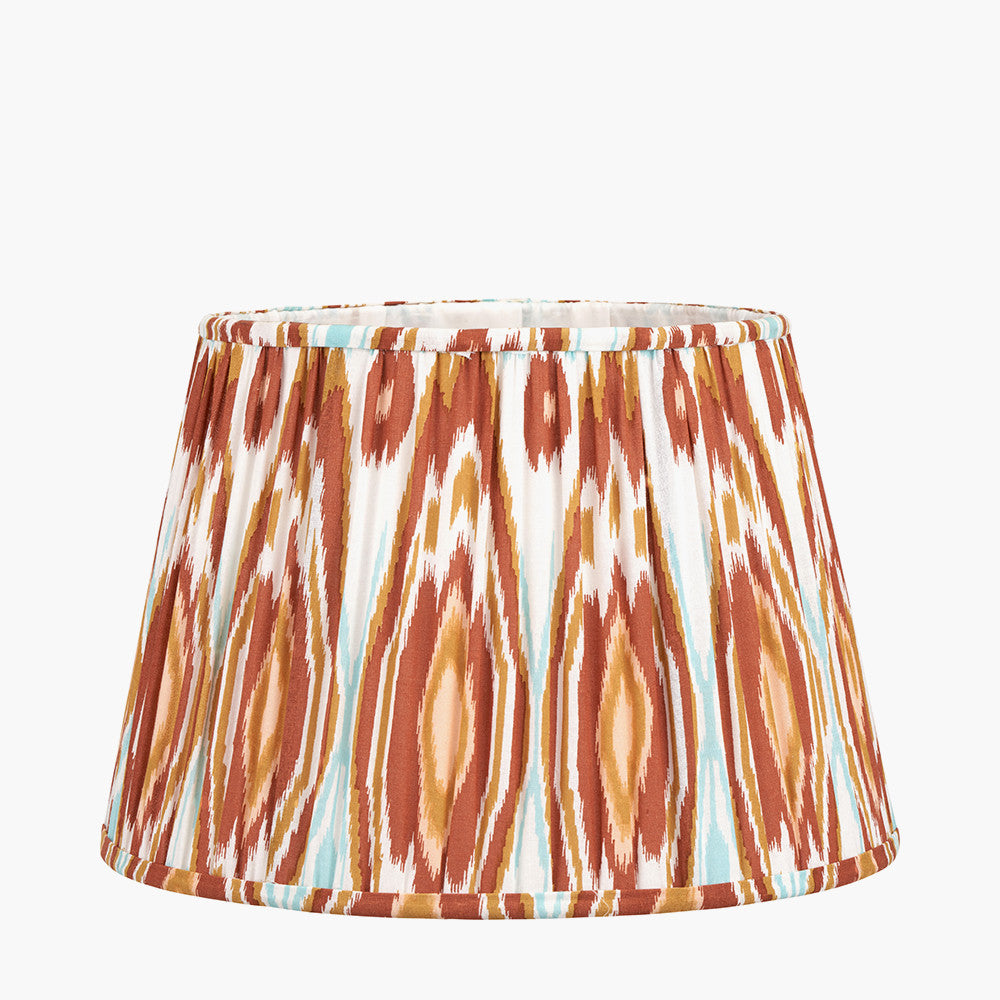 Toma Oiled Wood Tall Neck Table Lamp Base with Izara 35cm Cinnamon Ikat Patterned Mushroom Pleat Tapered Lampshade