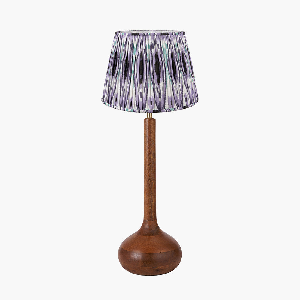Toma Oiled Wood Tall Neck Table Lamp Base with Izara 35cm Lilac Ikat Patterned Mushroom Pleat Tapered Lampshade