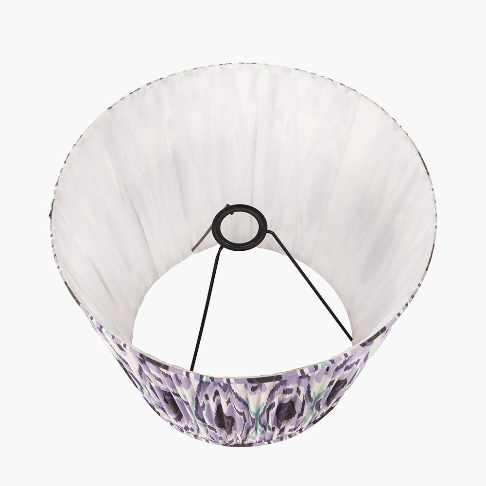 Toma Oiled Wood Tall Neck Table Lamp Base with Izara 35cm Lilac Ikat Patterned Mushroom Pleat Tapered Lampshade