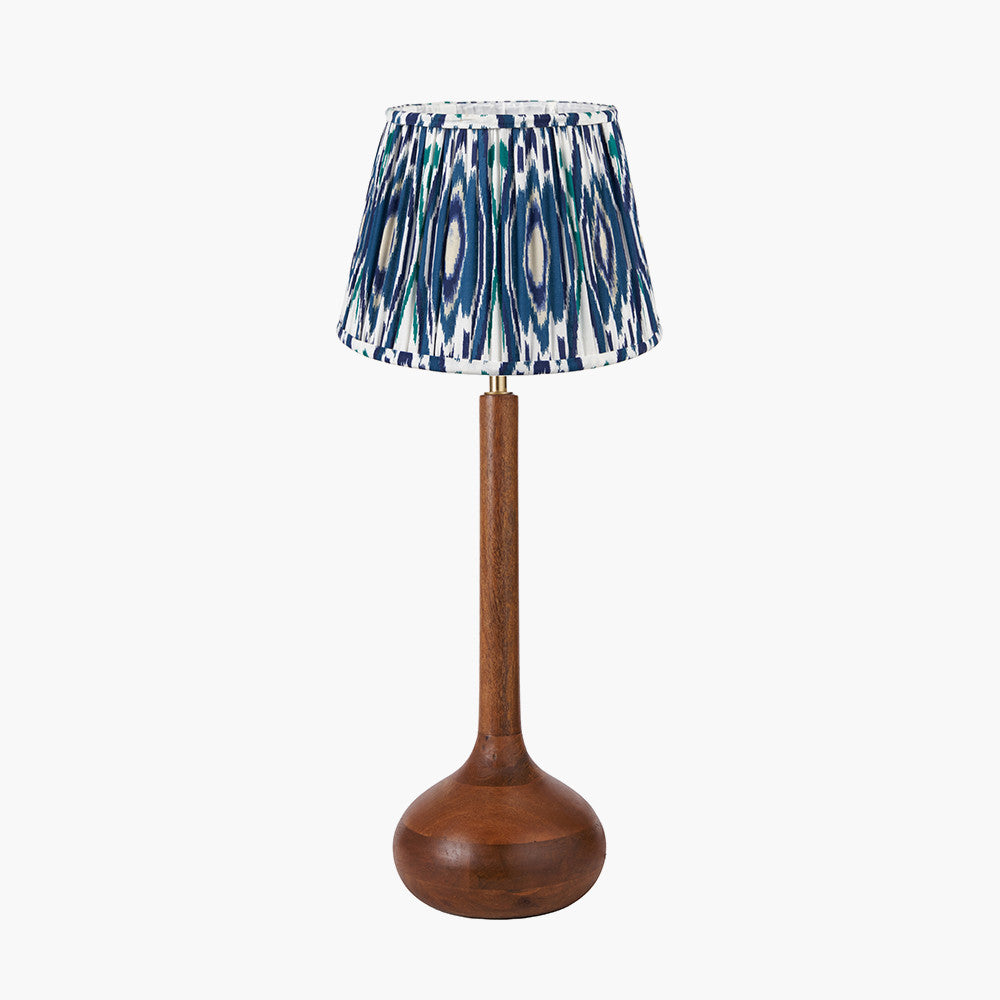 Toma Oiled Wood Tall Neck Table Lamp Base with Izara 35cm Ocean Blue Ikat Patterned Mushroom Pleat Tapered Lampshade
