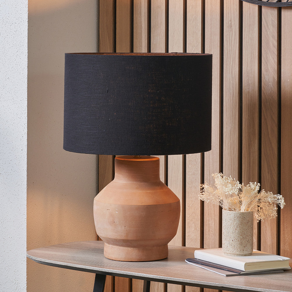 Inna Natural Urn Terracotta Table Lamp Base with Lino 35cm Black Self Lined Linen Cylinder Lampshade