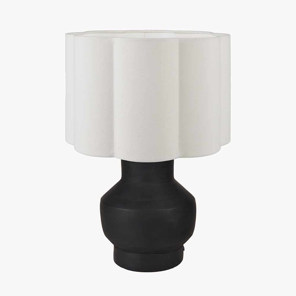 Inna Black Urn Terracotta Table Lamp Base with Bloom 35cm White Handloom Scalloped Cylinder Lampshade