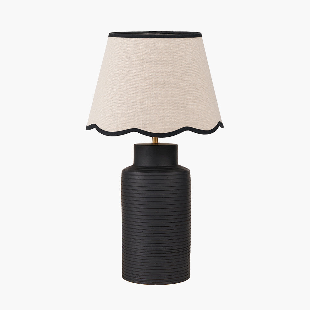 Sierra Black Tall Ribbed Terracotta Table Lamp Base with Tabitha 35cm Cream Jute Scalloped Edge Tapered Lamp Shade with Contrast Binding