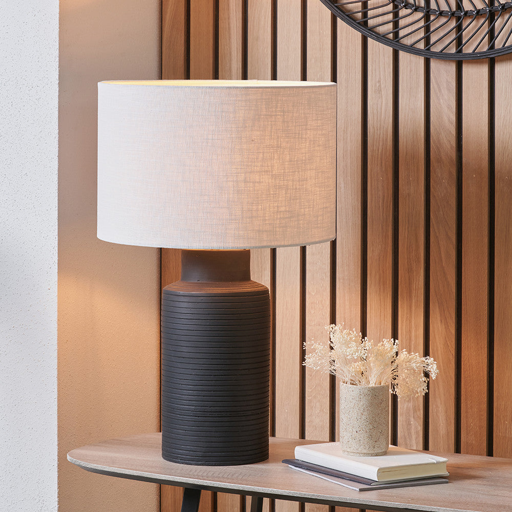 Sierra Black Tall Ribbed Terracotta Table Lamp Base with Lino 35cm White Self Lined Linen Cylinder Lampshade