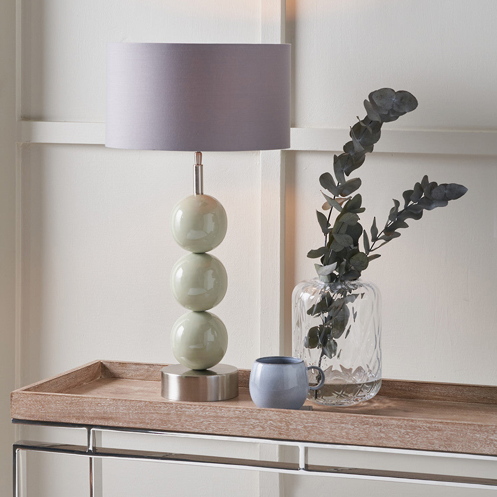 Sofia Sage and Silver Enamel 3 Ball Table Lamp Base with Harry 35cm Steel Grey Cotton Mix Cylinder Lampshade