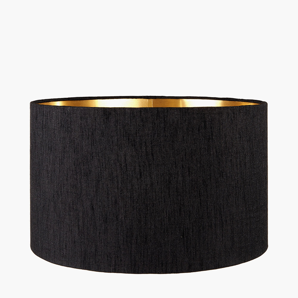 Sofia Black and Gold Enamel Table Lamp Base with Stellan 35cm Black Slubbed Silk Mix Gold Lined Cylinder Lampshade