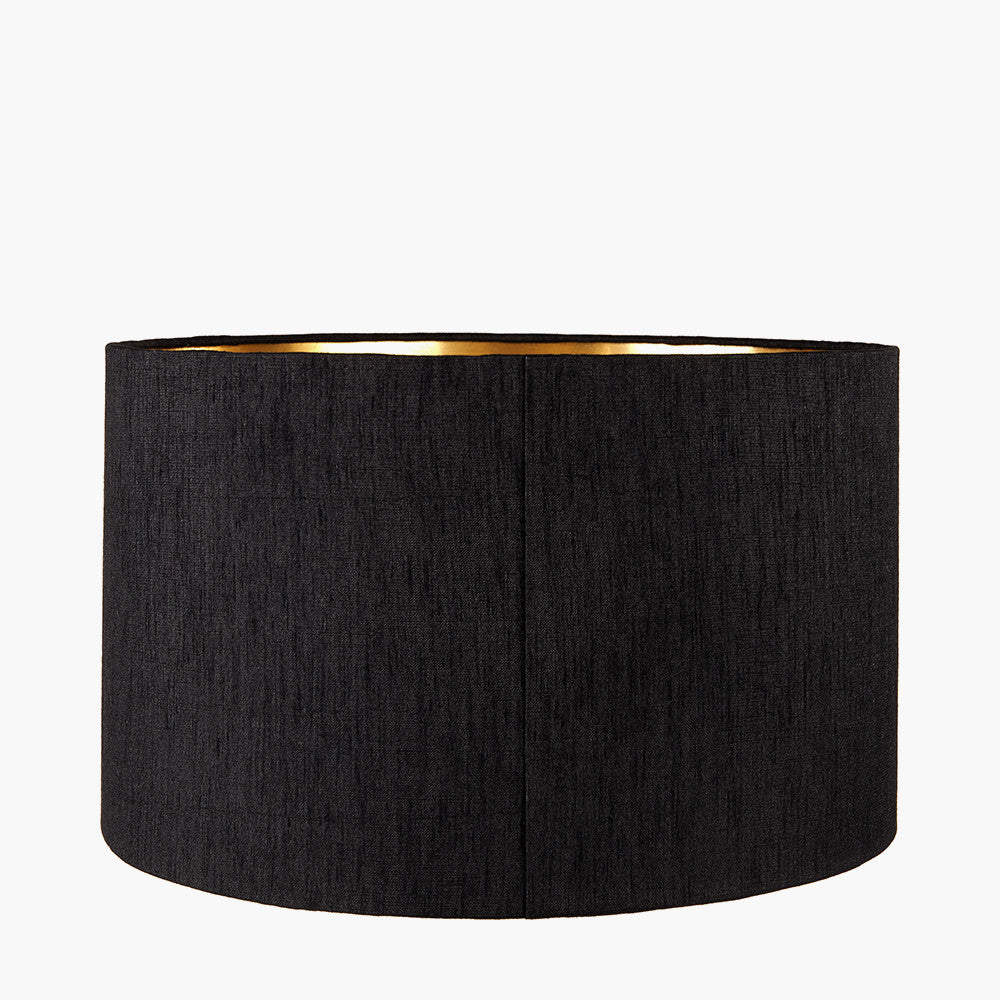 Sofia Black and Gold Enamel Table Lamp Base with Stellan 35cm Black Slubbed Silk Mix Gold Lined Cylinder Lampshade
