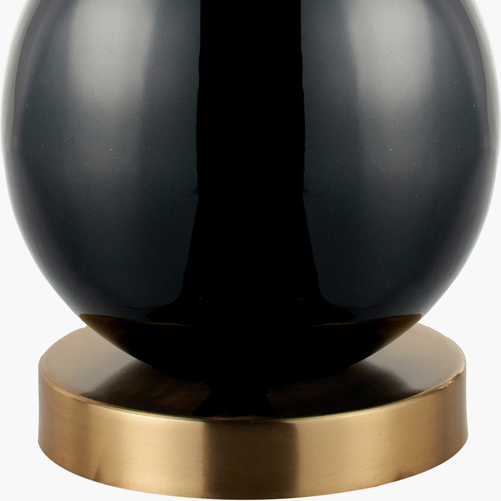 Sofia Black and Gold Enamel Table Lamp Base with Stellan 35cm Black Slubbed Silk Mix Gold Lined Cylinder Lampshade