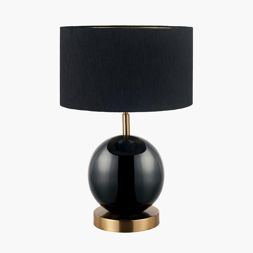 Sofia Black and Gold Enamel Table Lamp Base with Stellan 35cm Black Slubbed Silk Mix Gold Lined Cylinder Lampshade