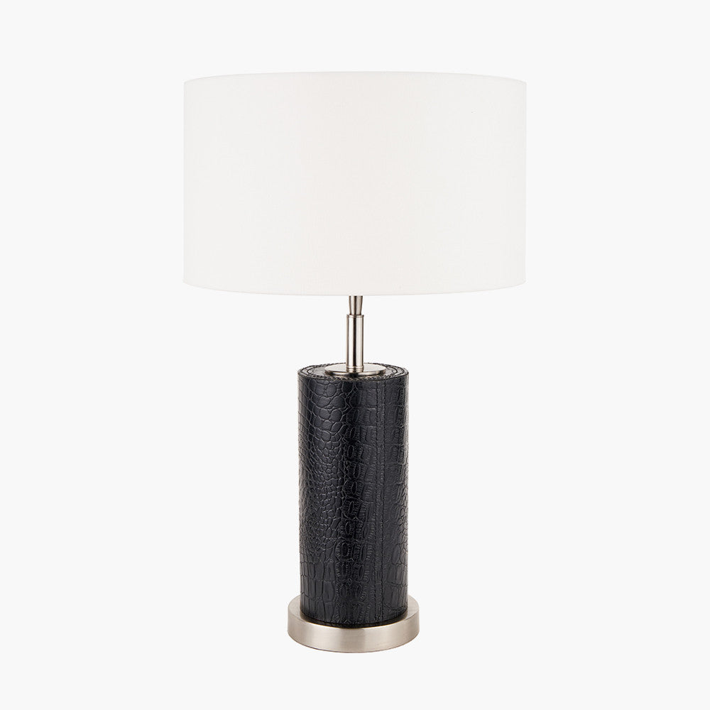 Laurence Black Croc Leather and Silver Cylindrical Table Lamp Base with Henry 35cm White Handloom Cylinder Lampshade