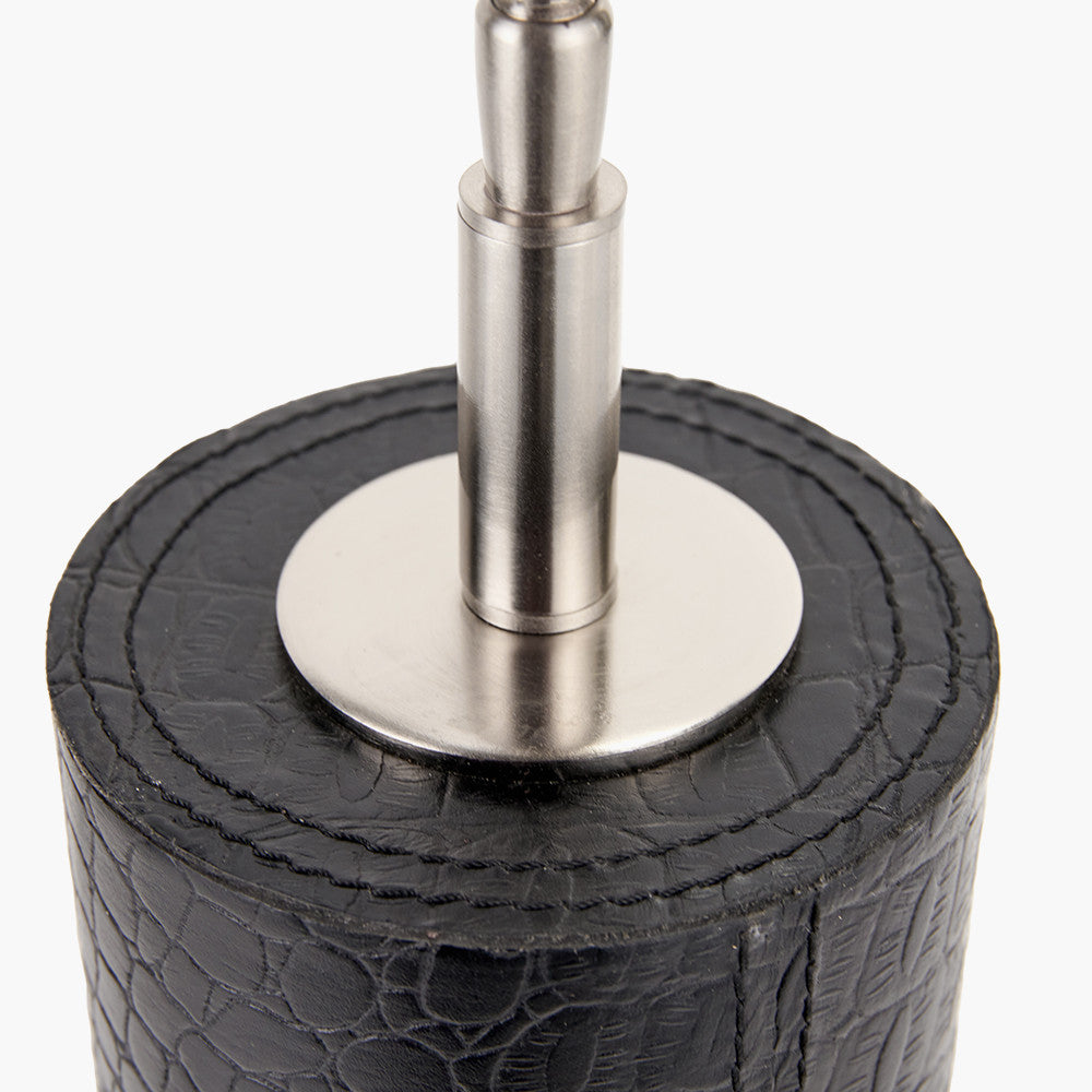 Laurence Black Croc Leather and Silver Cylindrical Table Lamp Base with Milos 35cm Natural Linen Tapered Lampshade