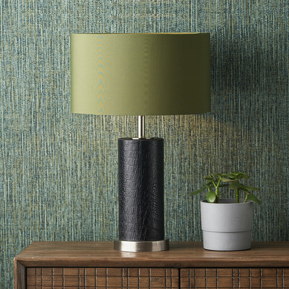 Laurence Black Croc Leather and Silver Cylindrical Table Lamp