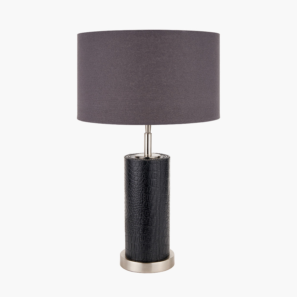 Laurence Black Croc Leather and Silver Cylindrical Table Lamp