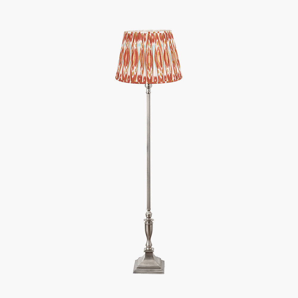 Canterbury Antique Silver Metal Floor Lamp Base with Izara 45cm Cinnamon Ikat Patterned Mushroom Pleat Tapered Lampshade