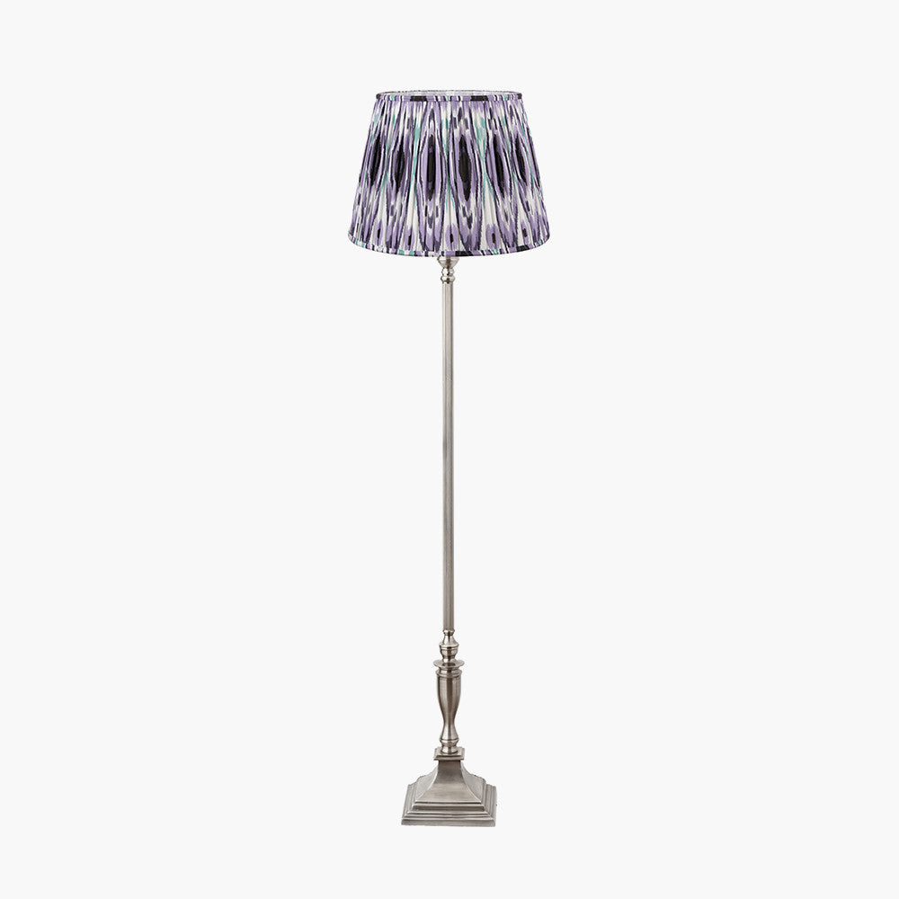 Canterbury Antique Silver Metal Floor Lamp Base with Izara 45cm Lilac Ikat Patterned Mushroom Pleat Tapered Lampshade