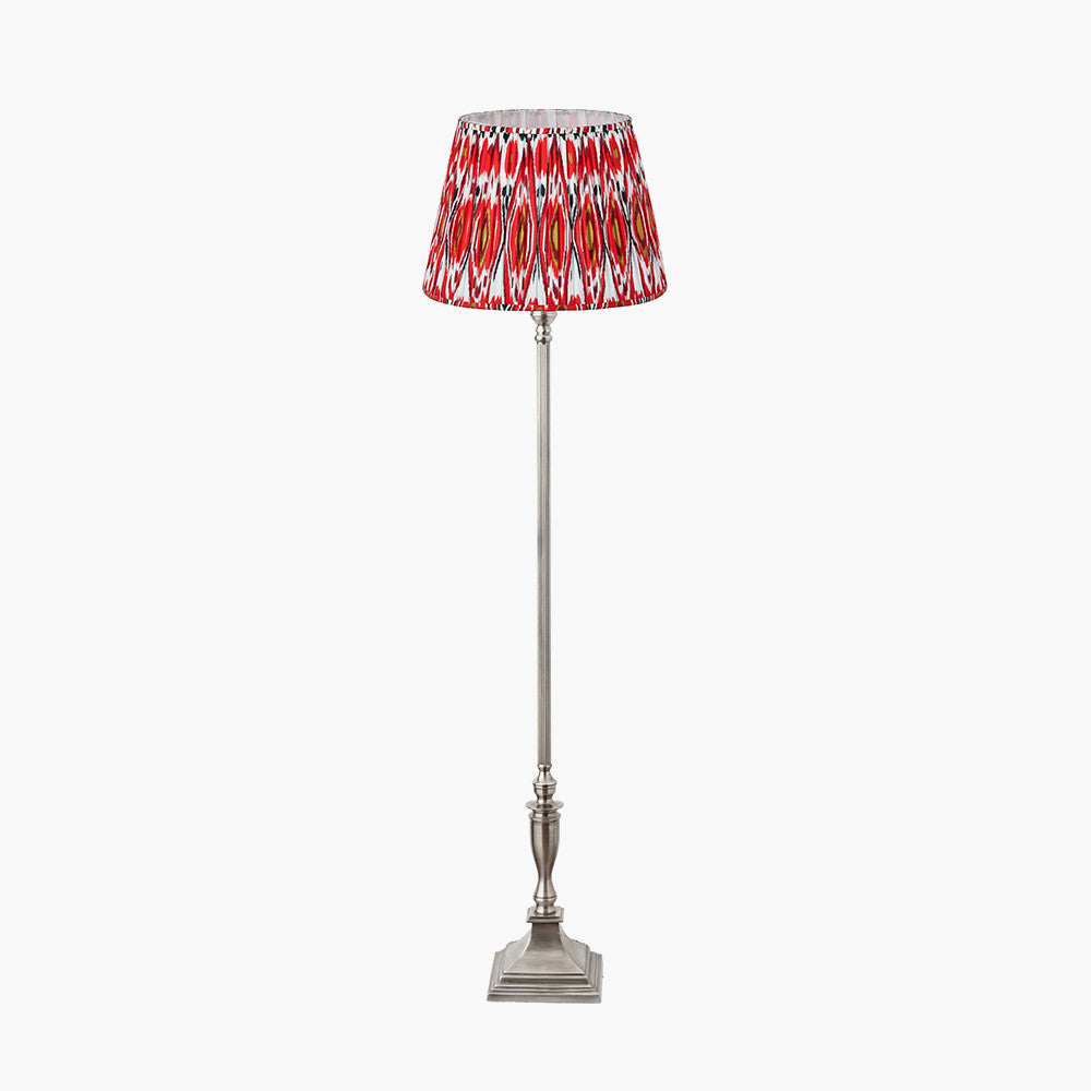 Canterbury Antique Silver Metal Floor Lamp Base with Izara 45cm Red Ikat Patterned Mushroom Pleat Tapered Lampshade