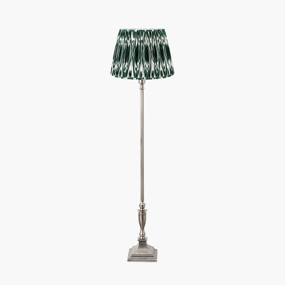 Canterbury Antique Silver Metal Floor Lamp Base with Izara 45cm Racing Green Ikat Patterned Mushroom Pleat Tapered Lampshade