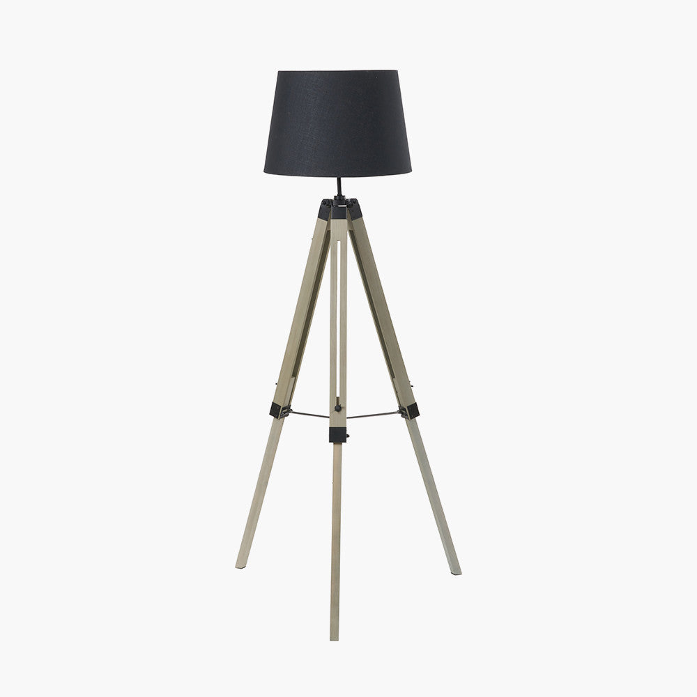Windsor Sage Green Wooden Tripod Floor Lamp with Adelaide 40cm Black Tapered Cotton Mix Lampshade