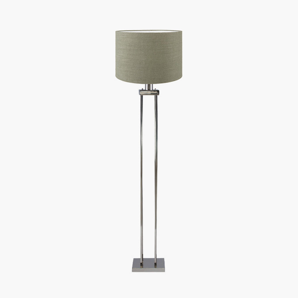 Langston Nickel Metal Column Floor Lamp Base with Edward 45cm Pistachio Green Linen Cylinder Lampshade