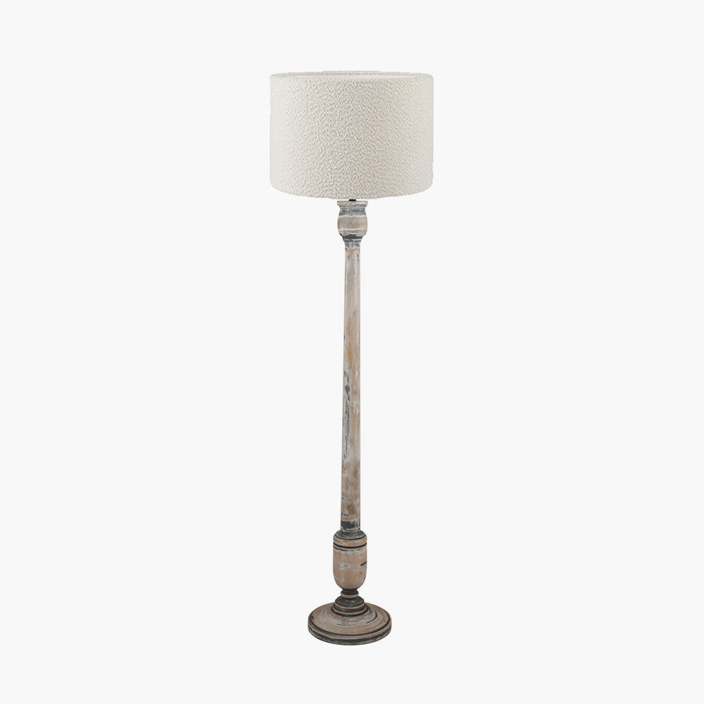 Captiva Grey Wash Mango Wood Floor Lamp Base with Rouen 45cm White Boucle Cylinder Lampshade