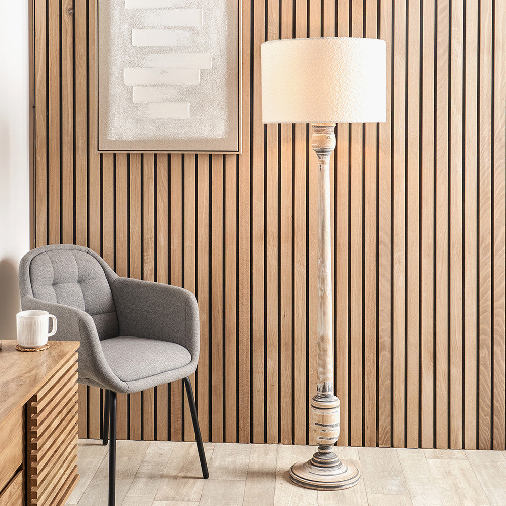 Captiva Grey Wash Mango Wood Floor Lamp Base with Rouen 45cm White Boucle Cylinder Lampshade