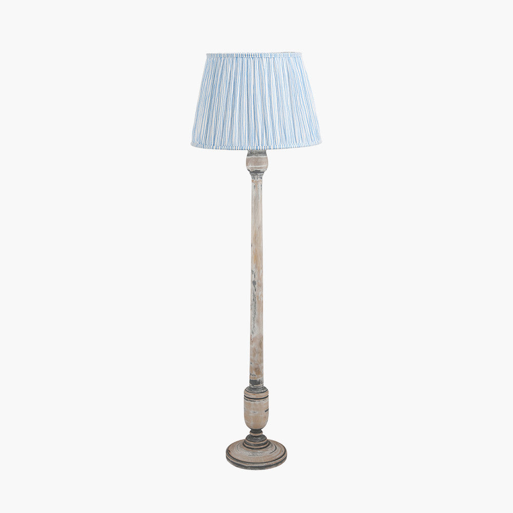 Captiva Grey Wash Mango Wood Floor Lamp Base with Thiago 45cm Ocean Blue Stripe Mushroom Pleat Tapered Lampshade