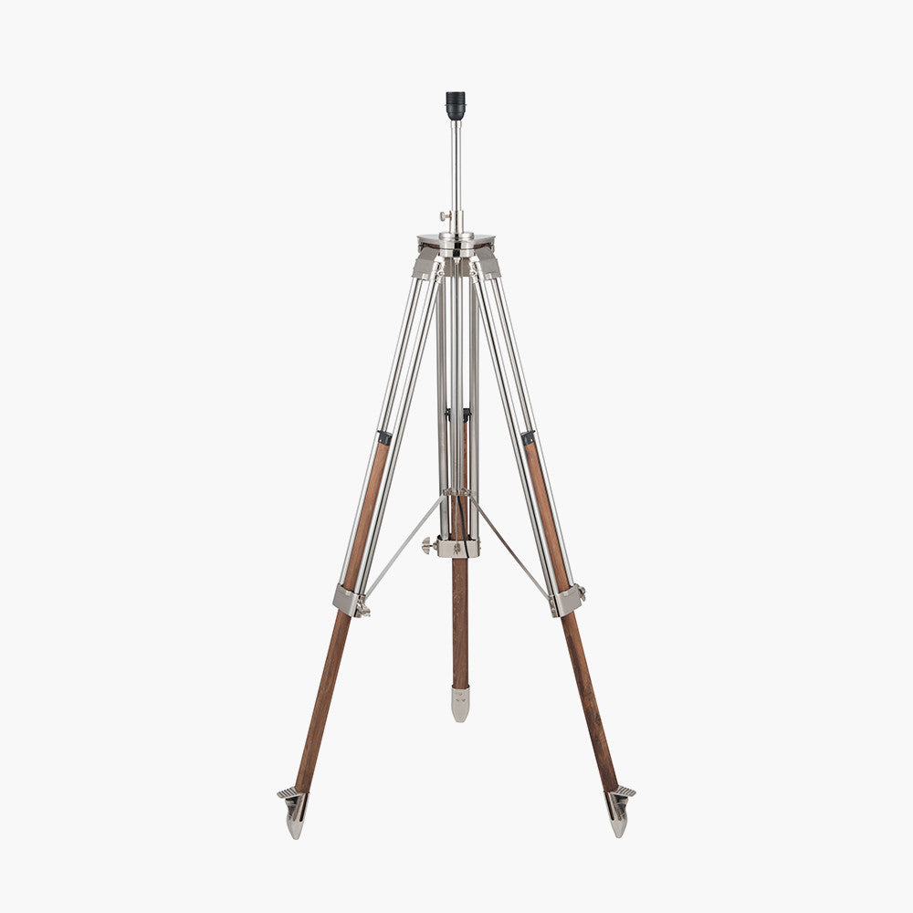 Port Nickel and Wood Tripod Floor Lamp Base with Lino 55cm Steel Grey Self Lined Linen Cylinder Lampshade
