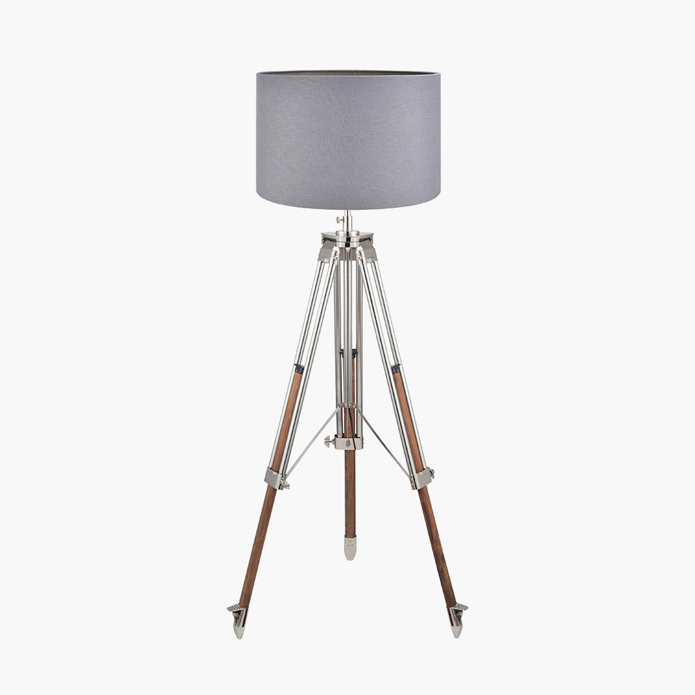 Port Nickel and Wood Tripod Floor Lamp Base with Lino 55cm Steel Grey Self Lined Linen Cylinder Lampshade