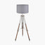 Port Nickel and Wood Tripod Floor Lamp Base with Lino 55cm Steel Grey Self Lined Linen Cylinder Lampshade