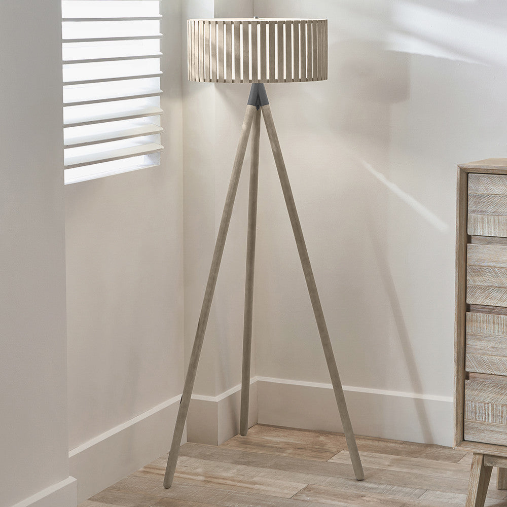 Rabanne Antique Wood Slat Tripod Floor Lamp Complete