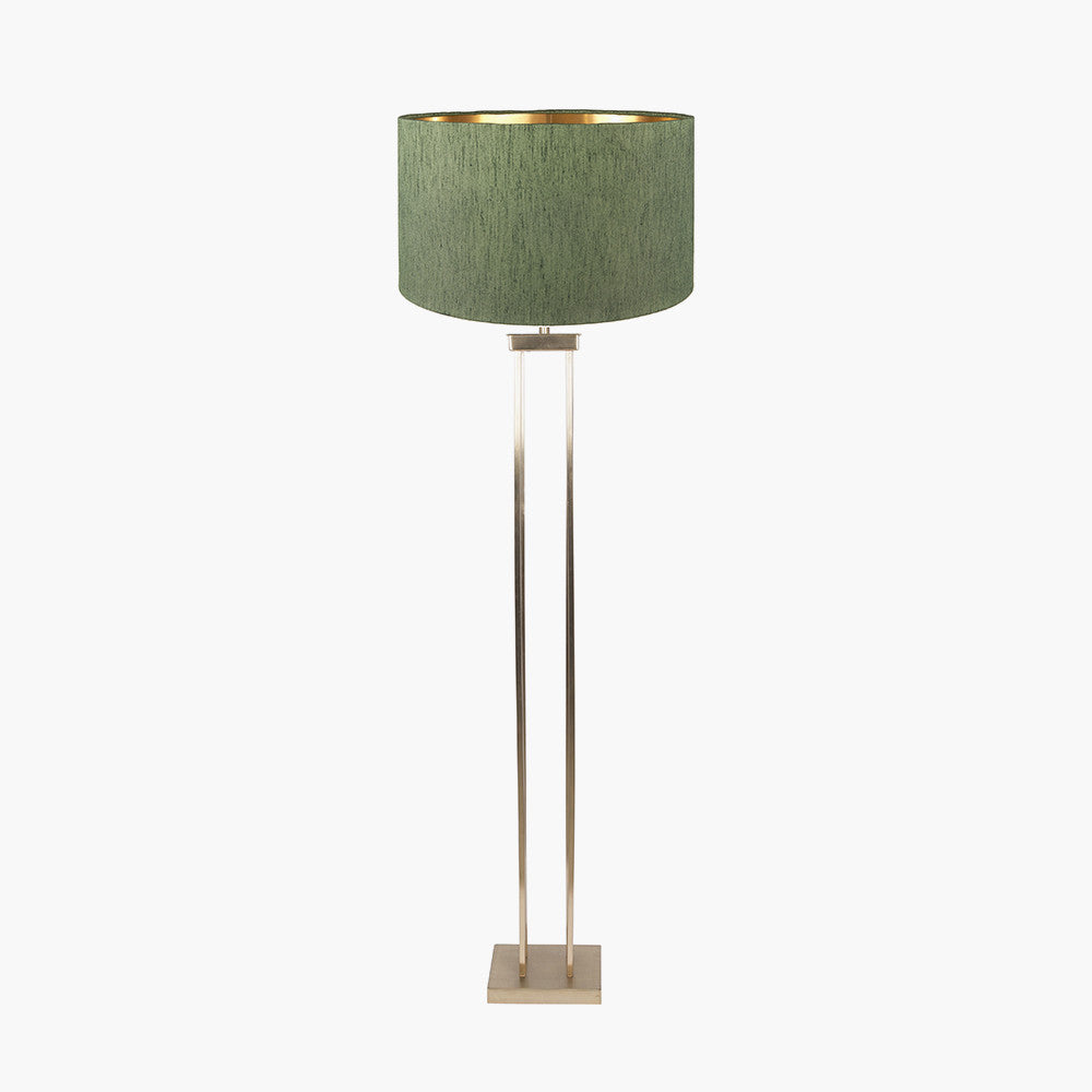 Langston Satin Brass Metal Column Floor Lamp Base with Stellan 45cm Green Slubbed Silk Mix Gold Lined Cylinder Lampshade