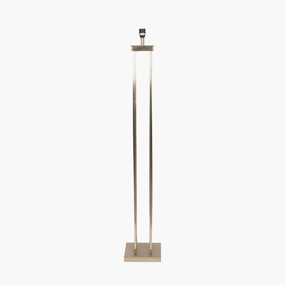 Langston Satin Brass Metal Column Floor Lamp Base with Stellan 45cm Green Slubbed Silk Mix Gold Lined Cylinder Lampshade