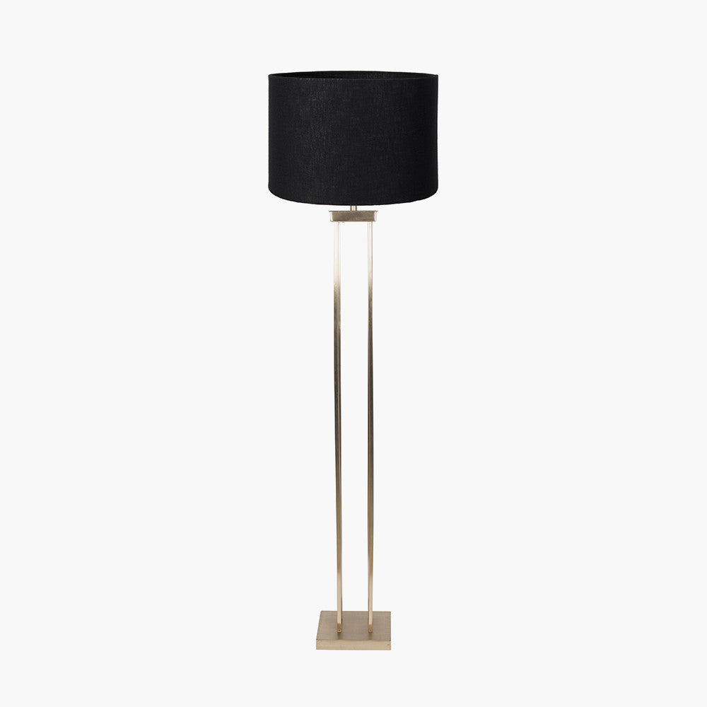 Langston Satin Brass Metal Column Floor Lamp Base with Lino 45cm Black Self Lined Linen Cylinder Lampshade