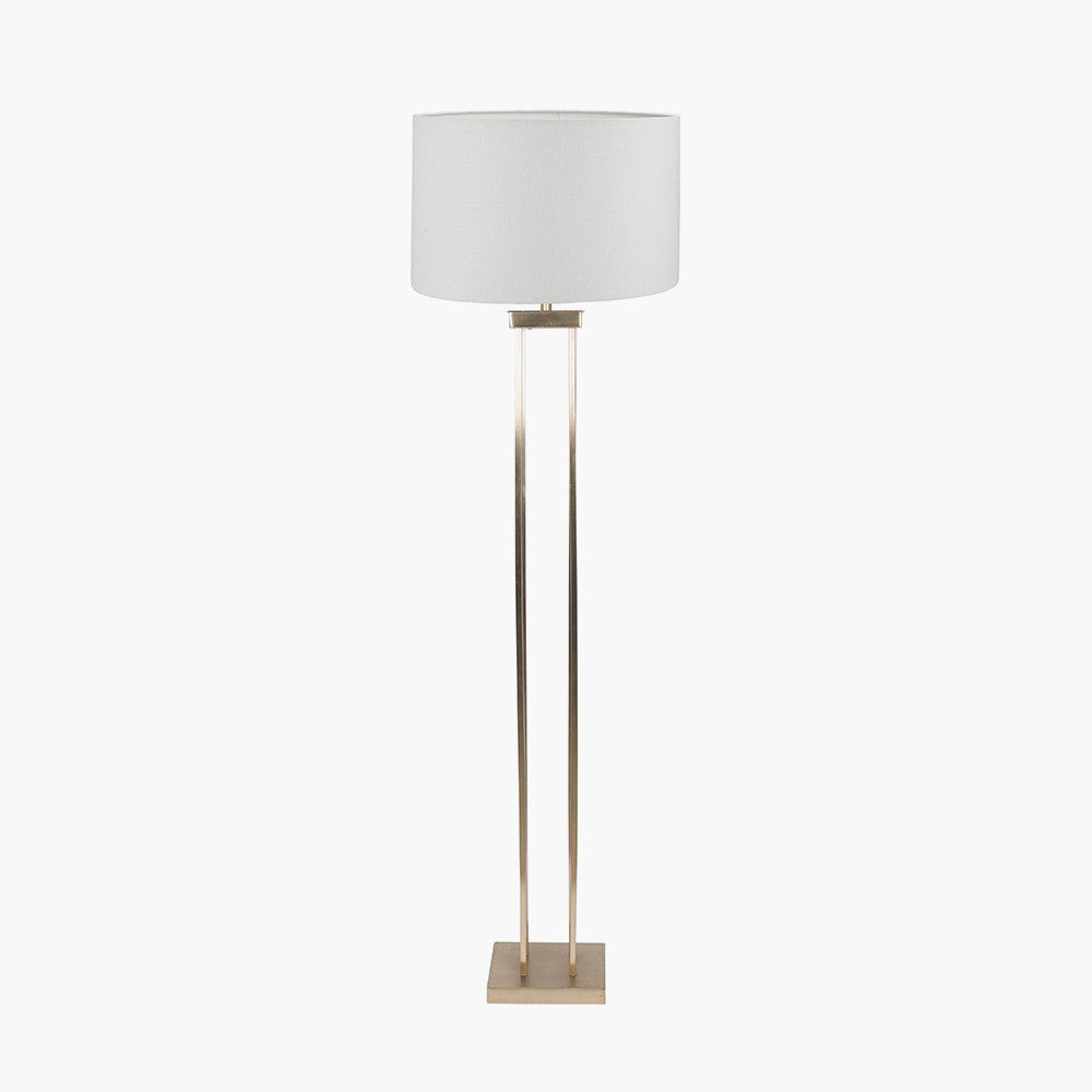 Langston Satin Brass Metal Column Floor Lamp Base with Lino 45cm White Self Lined Linen Cylinder Lampshade