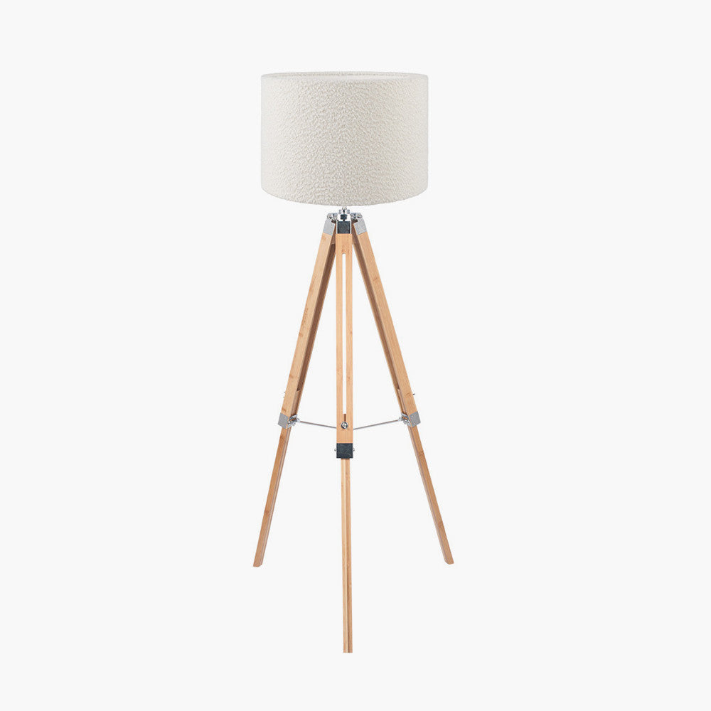 Sumba Bamboo Tripod Floor Lamp Base with Rouen 40cm White Boucle Cylinder Lampshade