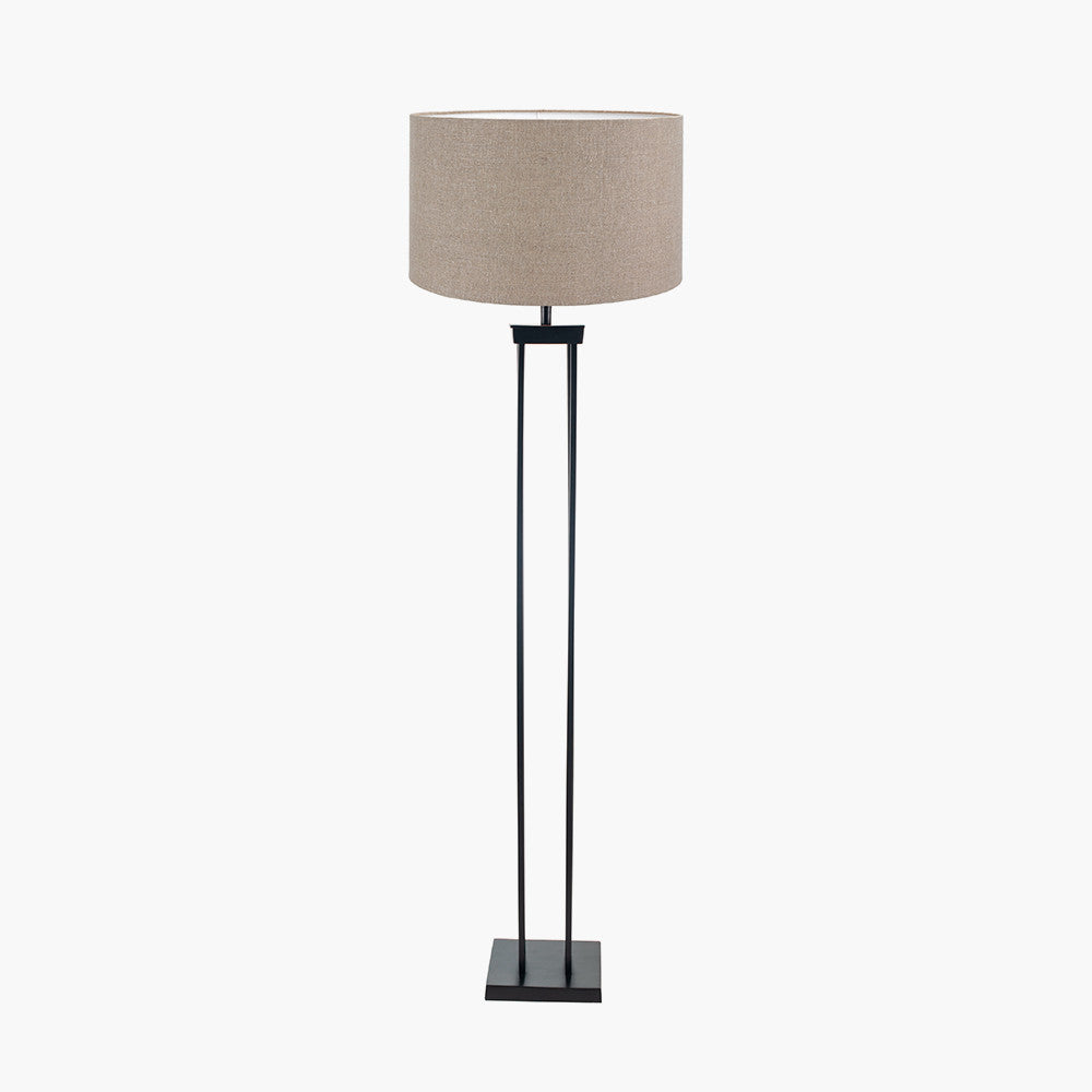 Langston Matt Black Metal Column Floor Lamp Base with Edward 45cm Natural Linen Cylinder Lampshade