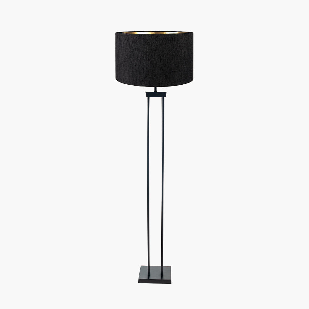 Langston Matt Black Metal Column Floor Lamp Base with Stellan 45cm Black Slubbed Faux Silk Gold Lined Cylinder Lampshade