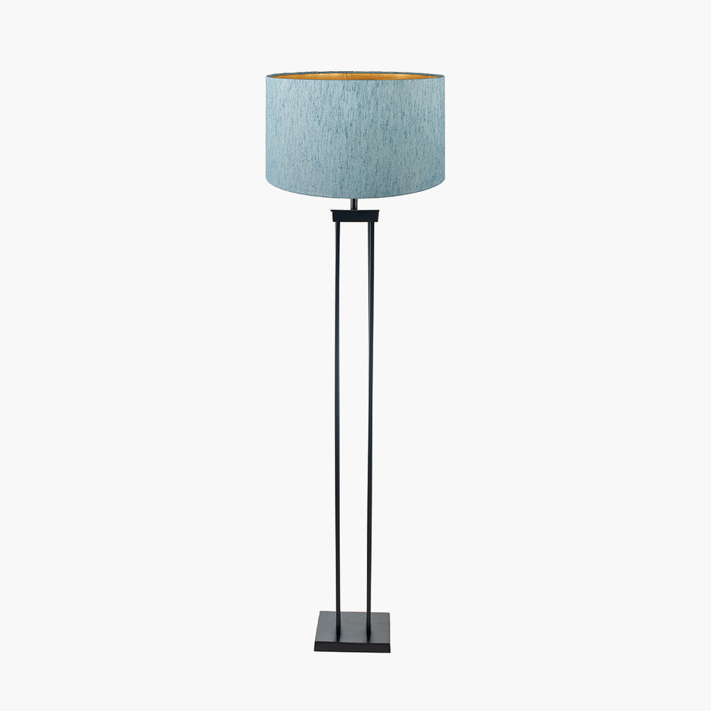 Langston Matt Black Metal Column Floor Lamp Base with Stellan 45cm Duck Egg Slubbed Silk Mix Gold Lined Cylinder Lampshade