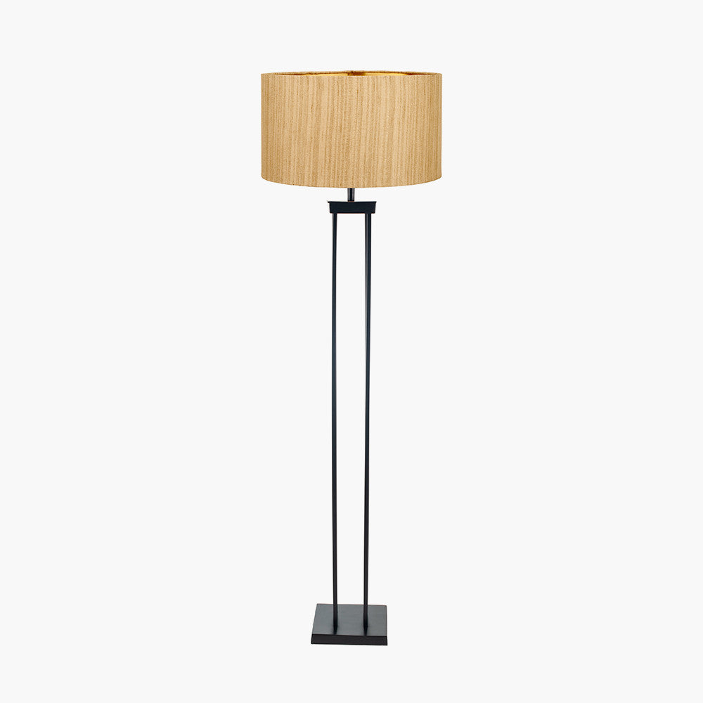 Langston Matt Black Metal Column Floor Lamp Base with Stellan 45cm Gold Slubbed Silk Mix Gold Lined Cylinder Lampshade