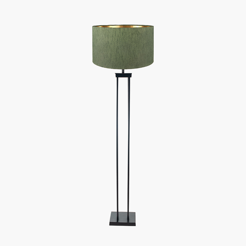 Langston Matt Black Metal Column Floor Lamp Base with Stellan 45cm Green Slubbed Silk Mix Gold Lined Cylinder Lampshade