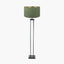 Langston Matt Black Metal Column Floor Lamp Base with Stellan 45cm Green Slubbed Silk Mix Gold Lined Cylinder Lampshade