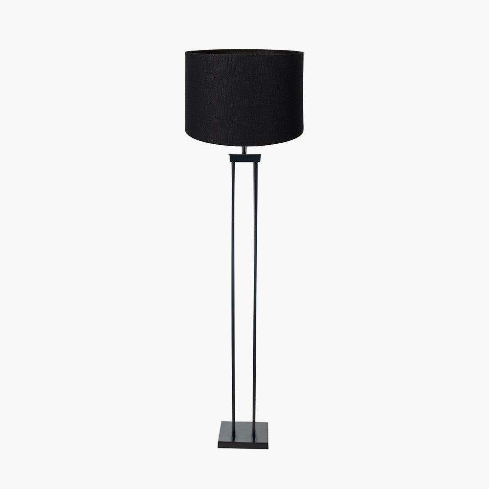 Langston Matt Black Metal Column Floor Lamp Base with Lino 45cm Black Self Lined Linen Cylinder Lampshade