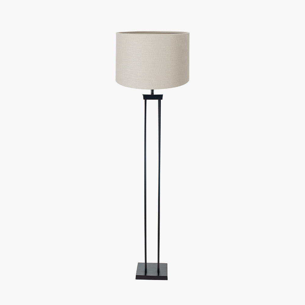 Langston Matt Black Metal Column Floor Lamp Base with Lino 45cm Grey Self Lined Linen Cylinder Lampshade