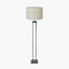 Langston Matt Black Metal Column Floor Lamp Base with Lino 45cm Grey Self Lined Linen Cylinder Lampshade