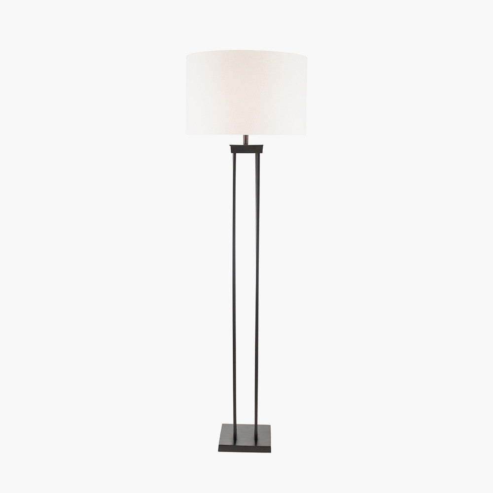 Langston Matt Black Metal Column Floor Lamp Base with Lino 45cm White Self Lined Linen Cylinder Lampshade