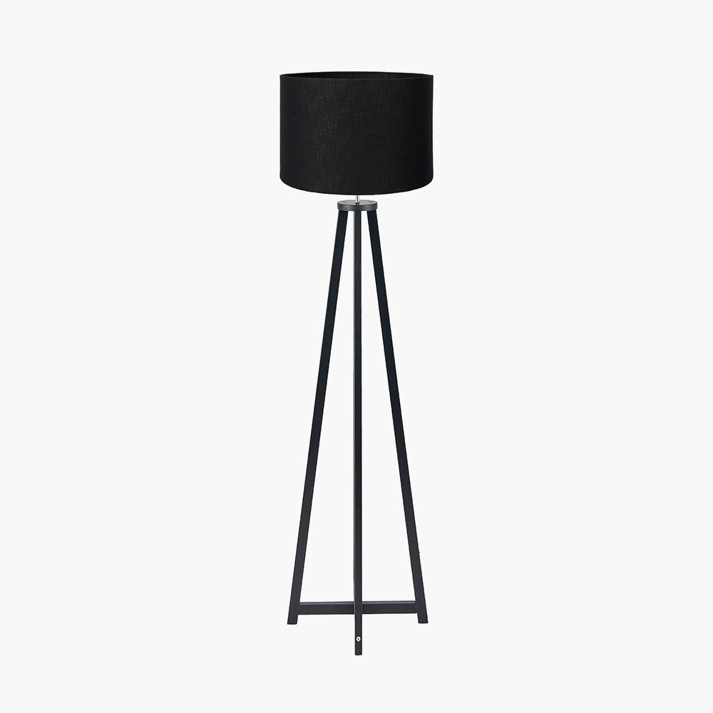 Whitby Matt Black Wood Tapered 4 Post Floor Lamp Base with Lino 45cm Black Self Lined Linen Cylinder Lampshade