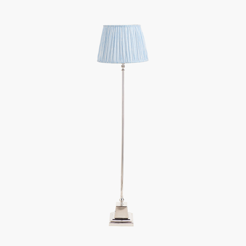 Claudius Nickel Metal Stick Floor Lamp Base with Thiago 40cm Ocean Blue Stripe Mushroom Pleat Tapered Lampshade