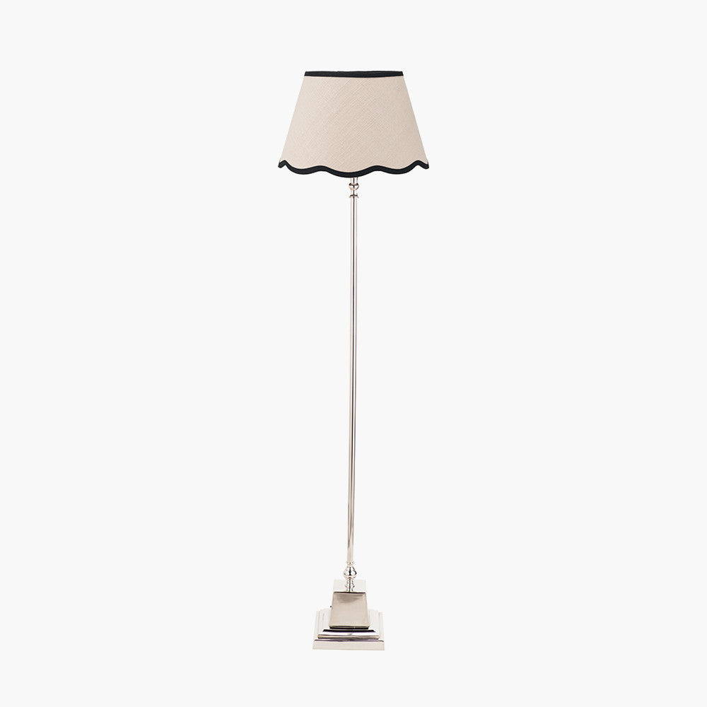 Claudius Nickel Metal Stick Floor Lamp Base with Tabitha 40cm Cream Jute Scalloped Edge Tapered Lamp Shade with Contrast Binding