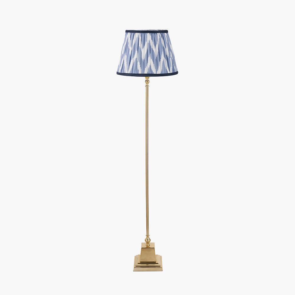 Claudius Gold Metal Stick Floor Lamp Base with Kamilah 40cm Blue Chevron Patterned Mushroom Pleat Tapered Lamp Shade