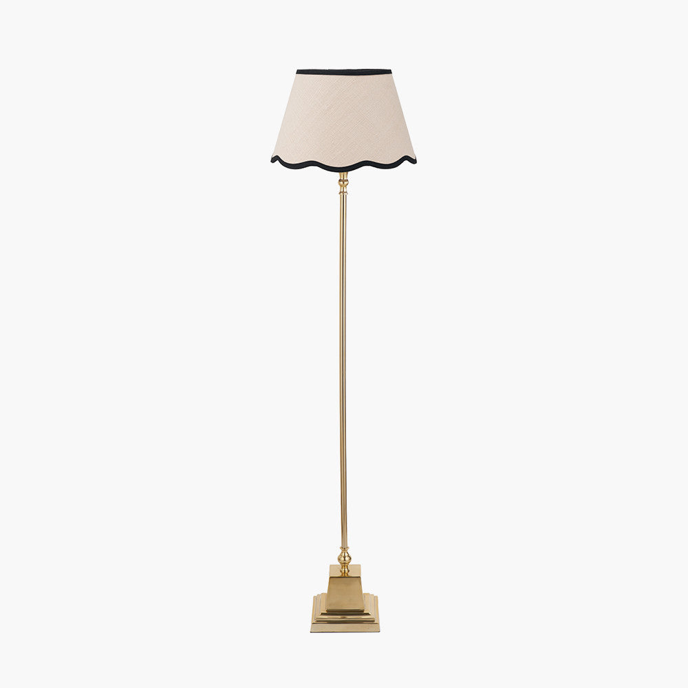 Claudius Gold Metal Stick Floor Lamp Base with Tabitha 40cm Cream Jute Scalloped Edge Tapered Lamp Shade with Contrast Binding